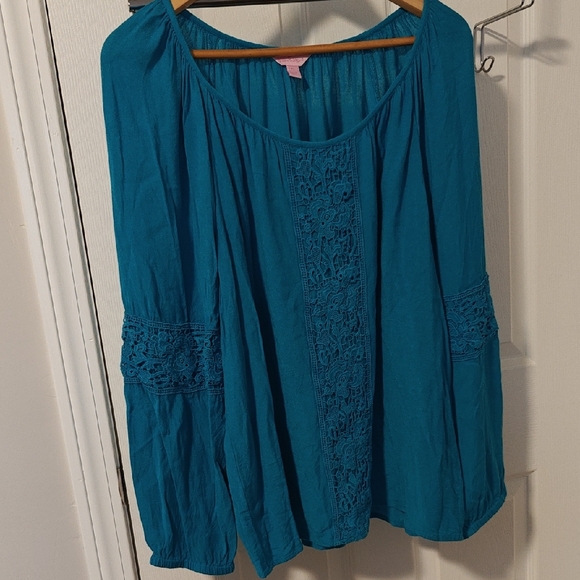 Lilly Pulitzer Teal Crochet-Trim Peasant Blouse - Picture 2 of 7